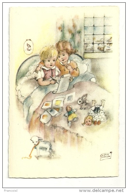 Deux Enfants Dans Un Lit Qui écrivent. Jouets, Poupée, Agneau Sur Roulettes,... Signée Erna MAison. Edition Deriaz - Illustratoren & Fotografen